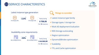 -3,6%
Latest instance type generation
m4.xlarge (2/8) m5.xlarge (2/8)
-50%
Availability zone requirements
db.r4.xlarge (4/30.5)
Region optimization
-69%
Storage type optimization
500 GB
PIOPs 1500
-7%
m5.large (2/8)
Frankfurt
m5.large (2/8)
Ireland
500 GB GP SSDdb.r4.xlarge (4/30.5)
Yearly Saving
$ 708,00
Per 10 instances
Yearly Saving
$ 46.860,00
Per 10 instances
Yearly Saving
$ 1.401,60
Per 10 instances
Yearly Saving
$ 14.640,00
Per 10 Volumes
Things to consider
Latest instance type family
Storage types / storage tier
Multi AZ deployment Evaluation
RDS Storage autoscaling
Region optimization
DynamoDBIndex optimization
Scalability
TTL and Cache optimization
03 SERVICE CHARACTERISTICS
 