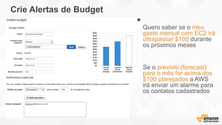 Crie Alertas de Budget
Quero saber se o meu
gasto mensal com EC2 irá
ultrapassar $100 durante
os próximos meses
Se o previsto (forecast)
para o mês for acima dos
$100 planejados a AWS
irá enviar um alarme para
os contatos cadastrados
 