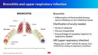 7©3M 2020. All Rights Reserved. 3M Confidential.
Bronchitis and upper respiratory infection
Image credit: https://www.cdc.gov/antibiotic-use/community/images/bronchitis-lg.jpg
Bronchitis
• Inflammation of the bronchial airways
due to infectious or non-infectious cause
Clarification of acuity needed
• Acute or subacute
• Chronic Unspecified
• Ensure linkage of causative organism to
respiratory disease
URI (upper respiratory infection)
*Please refer to 3M™ COVID-19 webinar from
3/25/20 for coding of respiratory conditions
 