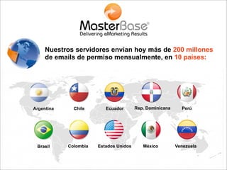 Nuestros servidores envían hoy más de 200 millones
     de emails de permiso mensualmente, en 10 países:




Argentina     Chile       Ecuador       Rep. Dominicana     Perú




 Brasil     Colombia   Estados Unidos      México         Venezuela
 
