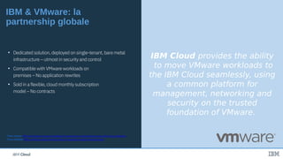 IBM CloudIBM Cloud
IBM & VMware: la
partnership globale
IBM Cloud provides the ability
to move VMware workloads to
the IBM Cloud seamlessly, using
a common platform for
management, networking and
security on the trusted
foundation of VMware.
Press release: IBM and VMware Announce Strategic Partnership to Accelerate Enterprise Hybrid Cloud Adoption
Press release: IBM and VMware Expand Partnership to Enable Easy Hybrid Cloud Adoption
• Dedicated solution, deployed on single-tenant, bare metal
infrastructure – utmost in security and control
• Compatible with VMware workloads on
premises – No application rewrites
• Sold in a flexible, cloud monthly subscription
model – No contracts
IBM Cloud/ © 2018 IBM Corporation
 