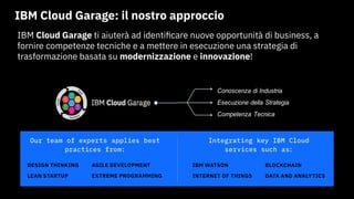 IBM Cloud Garage: il nostro approccio
IBM Cloud Garage ti aiuterà ad identificare nuove opportunità di business, a
fornire competenze tecniche e a mettere in esecuzione una strategia di
trasformazione basata su modernizzazione e innovazione!
 