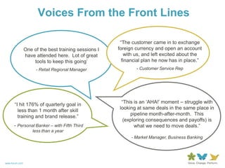 Voices From the Front Lines

                                                       “The customer came in to exchange
                One of the best training sessions I   foreign currency and open an account
                have attended here. Lot of great         with us, and left excited about the
                    tools to keep this going‟           financial plan he now has in place.”
                     - Retail Regional Manager                - Customer Service Rep




                                                       “This is an „AHA!‟ moment – struggle with
      “I hit 176% of quarterly goal in
                                                      looking at same deals in the same place in
        less than 1 month after skill
                                                           pipeline month-after-month. This
        training and brand release.”
                                                        (exploring consequences and payoffs) is
      - Personal Banker – with Fifth Third                   what we need to move deals.”
                    less than a year
                                                            - Market Manager, Business Banking




www.forum.com
 