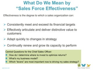 What Do We Mean by
                “Sales Force Effectiveness”
  Effectiveness is the degree to which a sales organization can:


   Consistently meet and exceed its financial targets
   Effectively articulate and deliver distinctive value to
    customers
   Adapt quickly to changes in strategy
   Continually renew and grow its capacity to perform
     Central Questions for the Chief Sales Officer:
      How do I determine where to invest to optimize returns?
      What‟s my business model?
      Which “levers” are most important now to driving my sales strategy?

www.forum.com
 