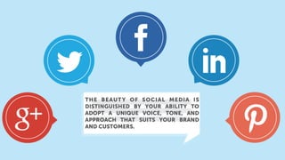 THE BEAUTY OF SOCIAL MEDIA IS
DISTINGUISHED BY YOUR ABILITY TO
ADOPT A UNIQUE VOICE, TONE, AND
APPROACH THAT SUITS YOUR BRAND
AND CUSTOMERS.
 