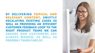 BY DELIVERING TOPICAL AND
RELEVANT CONTENT, SWIFTLY
ESCALATING EXISTING CASES AS
WELL AS PROVIDING AN EFFICIENT
CUSTOMER FEEDBACK LOOP TO THE
RIGHT PRODUCT TEAMS WE CAN
ENSURE OUR CUSTOMERS ARE
ALWAYS WOWED, AS WELL AS
PROPERLY TAKEN CARE OF.
 