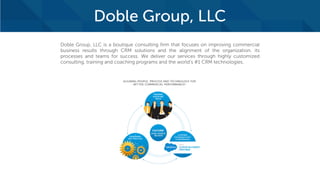 Doble Group, LLC
Doble Group, LLC is a boutique consulting firm that focuses on improving commercial
business results through CRM solutions and the alignment of the organization, its
processes and teams for success. We deliver our services through highly customized
consulting, training and coaching programs and the world’s #1 CRM technologies.
 