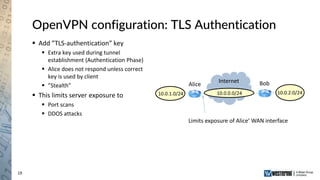 19
OpenVPN configuration: TLS Authentication
 Add ”TLS-authentication” key
 Extra key used during tunnel
establishment (Authentication Phase)
 Alice does not respond unless correct
key is used by client
 ”Stealth”
 This limits server exposure to
 Port scans
 DDOS attacks
Alice Bob
10.0.2.0/2410.0.1.0/24
Internet
10.0.0.0/24
Limits exposure of Alice’ WAN interface
 