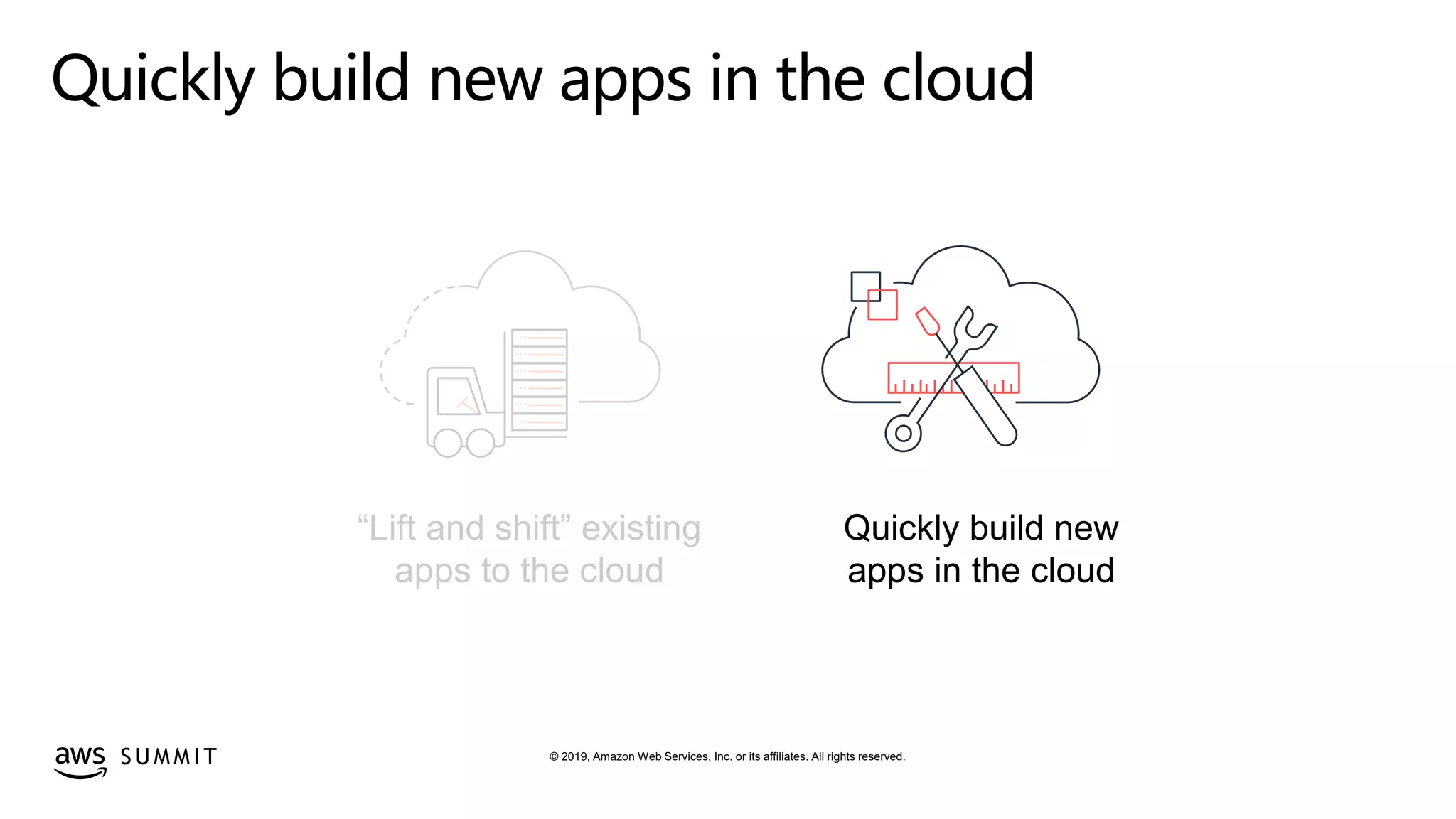 © 2019, Amazon Web Services, Inc. or its affiliates. All rights reserved.S U M M I T
Quickly build new apps in the cloud
“Lift and shift” existing
apps to the cloud
Quickly build new
apps in the cloud
 