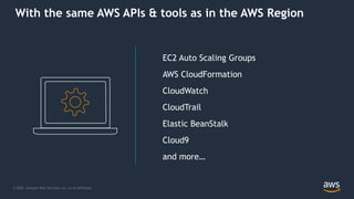 © 2020, Amazon Web Services, Inc. or its Affiliates.
EC2 Auto Scaling Groups
AWS CloudFormation
CloudWatch
CloudTrail
Elastic BeanStalk
Cloud9
and more…
With the same AWS APIs & tools as in the AWS Region
 