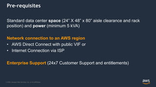 © 2020, Amazon Web Services, Inc. or its Affiliates.
Pre-requisites
Standard data center space (24” X 48” x 80” aisle clearance and rack
position) and power (minimum 5 kVA)
Network connection to an AWS region
• AWS Direct Connect with public VIF or
• Internet Connection via ISP
Enterprise Support (24x7 Customer Support and entitlements)
 