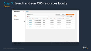 © 2020, Amazon Web Services, Inc. or its Affiliates.
Step 3: launch and run AWS resources locally
Demo
 