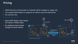 © 2020, Amazon Web Services, Inc. or its Affiliates.
Pricing
• AWS Services running locally on Outposts will be charged on usage only
• OS charges billed based on usage as an uplift to cover the license fee
• No minimum fee
• Same AWS Region data ingress
and egress charges apply
• No additional data transfer
charges for local network
DxConnect or
Internet
Inter-AZ
Data
$0.01/GB
Data Out = FREE
Data IN = FREE
Data OUT = $0.09/GB
Data IN = FREE
AWS Region
Outpost
On-premises
AZ1 AZ2
Customer
Equipment
Data via LGW
is FREE
Outposts Service Link
* Other VPC charges in the region apply.
Data OUT = $0.09/GB
DX Data OUT = $0.02/GB
Data IN = FREE
Internet
Gateway
AWS
Outposts
Service
 