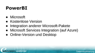Datenvisualisierung
PowerBI
● Microsoft
● Kostenlose Version
● Integration anderer Microsoft-Pakete
● Microsoft Services Integration (auf Azure)
● Online-Version und Desktop
 