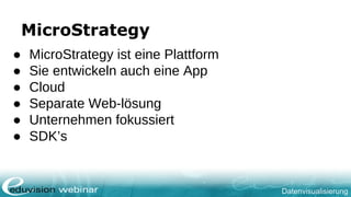 Datenvisualisierung
MicroStrategy
● MicroStrategy ist eine Plattform
● Sie entwickeln auch eine App
● Cloud
● Separate Web-lösung
● Unternehmen fokussiert
● SDK’s
 