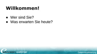 Datenvisualisierung
Willkommen!
● Wer sind Sie?
● Was erwarten Sie heute?
 