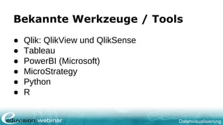 Datenvisualisierung
Bekannte Werkzeuge / Tools
● Qlik: QlikView und QlikSense
● Tableau
● PowerBI (Microsoft)
● MicroStrategy
● Python
● R
 