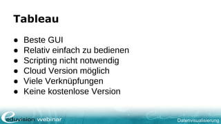 Datenvisualisierung
Tableau
● Beste GUI
● Relativ einfach zu bedienen
● Scripting nicht notwendig
● Cloud Version möglich
● Viele Verknüpfungen
● Keine kostenlose Version
 