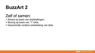 BuzzArt 2
Zelf of samen:
> Advies op basis van doelstellingen;
> Sturing op basis van “1”-click;
> Gezamenlijk verdere ontwikkeling van data
 