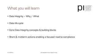 What you will learn
• Data Integrity – Why / What
• Data life cycle
• Core Data Integrity concepts & building blocks
• Short & mid-term actions enabling a focused road to compliance
pi | contact@3-14.com | www.3-14.com2 | © 2016 pi
 