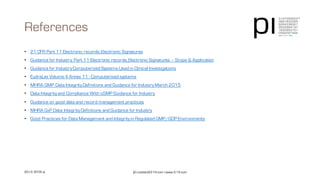 References
pi | contact@3-14.com | www.3-14.com20 | © 2016 pi
• 21 CFR Part 11 Electronic records; Electronic Signatures
• Guidance for Industry, Part 11 Electronic records; Electronic Signatures – Scope & Application
• Guidance for Industry Computerized Systems Used in Clinical Investigations
• EudraLex Volume 4 Annex 11 - Computerised systems
• MHRA GMP Data Integrity Definitions and Guidance for Industry March 2015
• Data Integrity and Compliance With cGMP Guidance for Industry
• Guidance on good data and record management practices
• MHRA GxP Data Integrity Definitions and Guidance for Industry
• Good Practices for Data Management and Integrity in Regulated GMP/GDP Environments
 