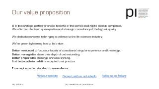 Our value proposition
19 | © 2016 pi pi | contact@3-14.com | www.3-14.com
pi is the strategic partner of choice to some of the world’s leading life science companies.
We offer our clients unique expertise and strategic consultancy of the highest quality.
We dedicate ourselves to bringing excellence to the life sciences industry.
We’ve grown by learning how to be better.
Better resourced to focus our faculty of consultants’ singular experience and knowledge.
Better managed to share their depth of understanding.
Better prepared to challenge orthodox thinking.
And better able to redefine accepted best practice.
To accept no other standard than excellence.
Connect with us on LinkedInVisit our website Follow us on Twitter
 