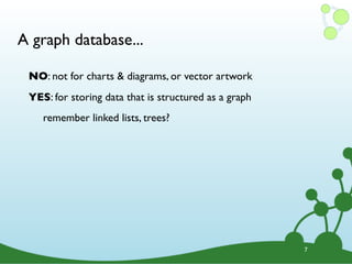 A graph database...
7
NO: not for charts & diagrams, or vector artwork
YES: for storing data that is structured as a graph
remember linked lists, trees?
 