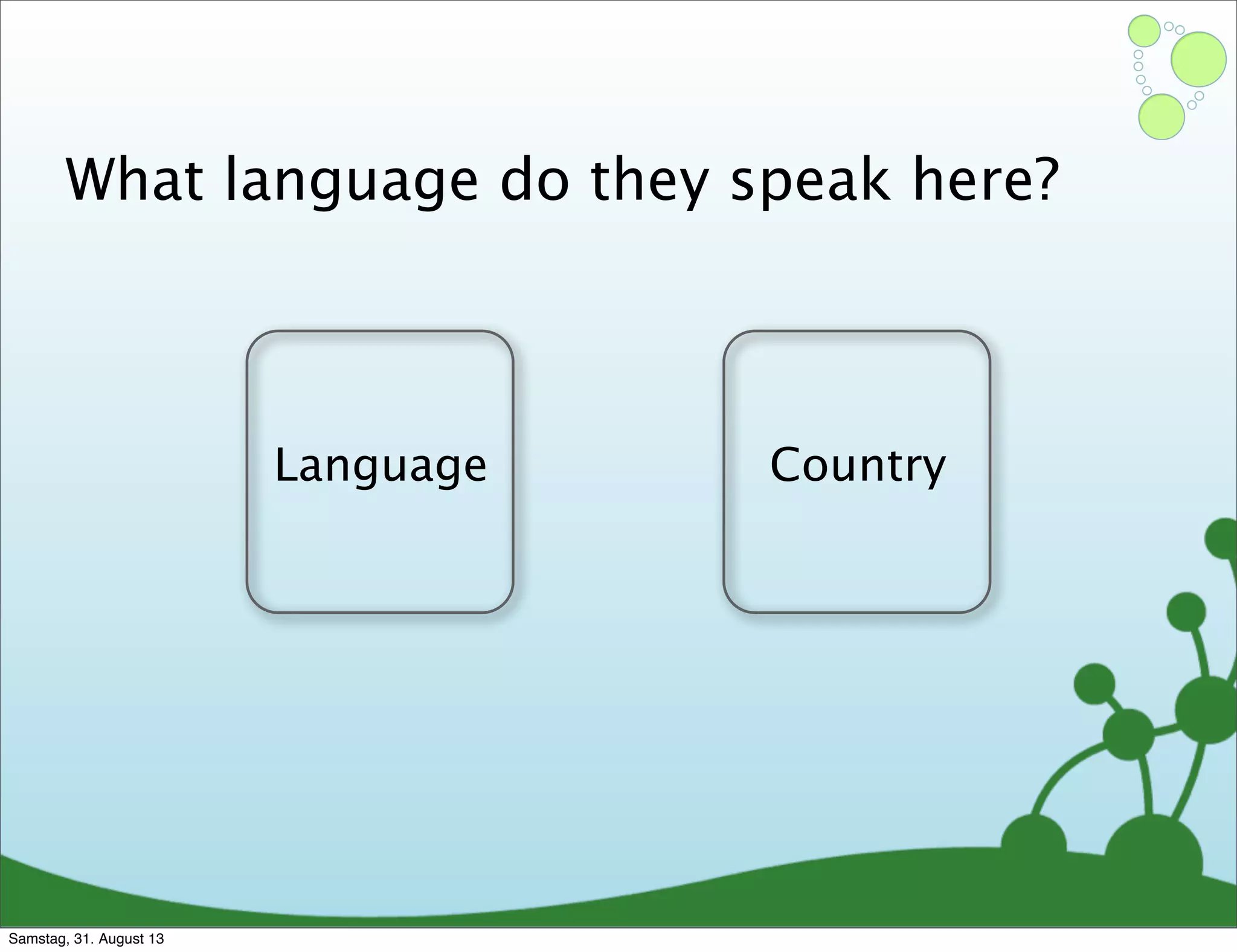 What language do they speak here?
Language Country
Samstag, 31. August 13
 