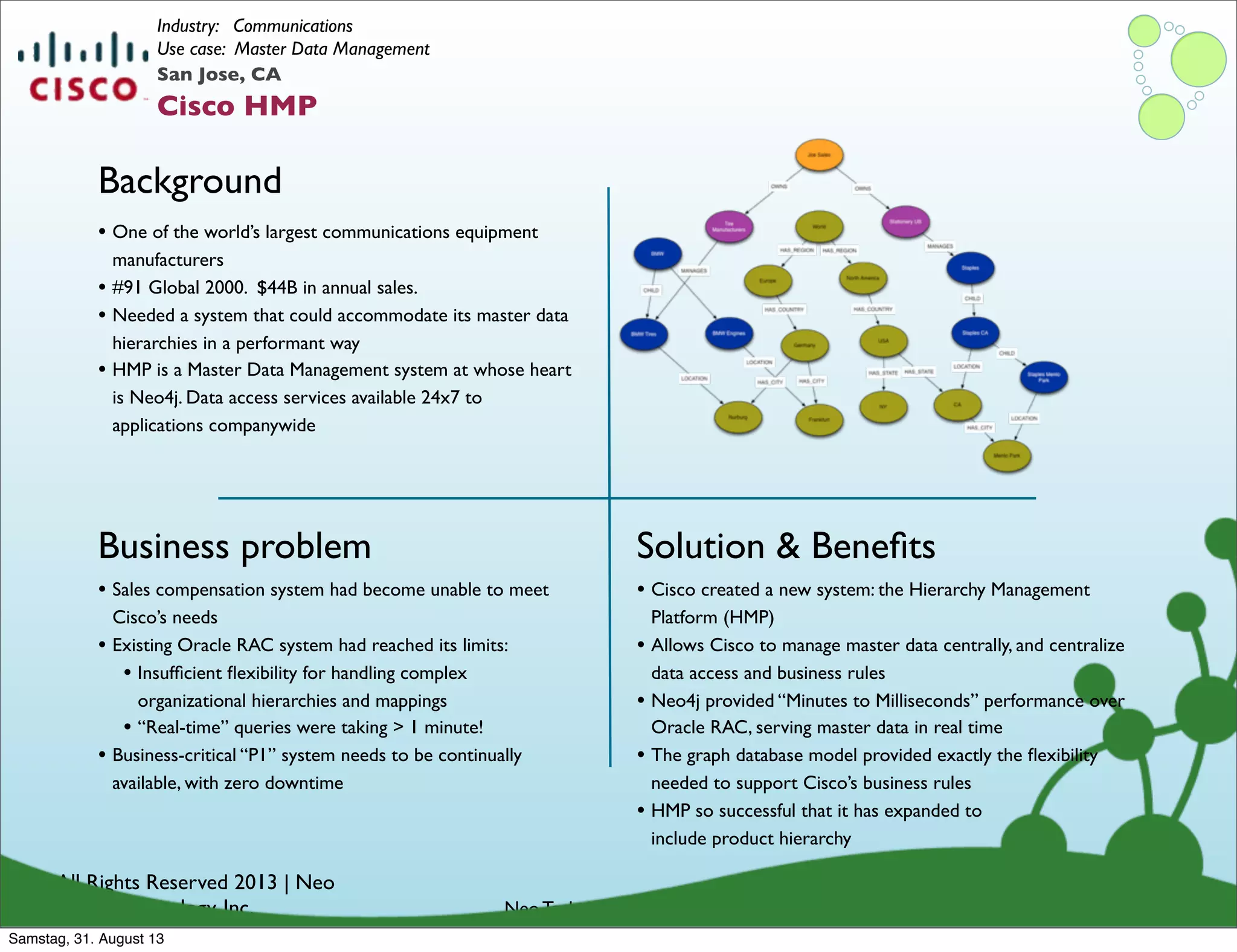 © All Rights Reserved 2013 | Neo
Technology, Inc.
Background
Business problem
Neo Technology Conﬁdential
Solution & Beneﬁts
San Jose, CA
Cisco HMP
Industry: Communications
Use case: Master Data Management
• Sales compensation system had become unable to meet
Cisco’s needs
• Existing Oracle RAC system had reached its limits:
• Insufﬁcient ﬂexibility for handling complex
organizational hierarchies and mappings
• “Real-time” queries were taking > 1 minute!
• Business-critical “P1” system needs to be continually
available, with zero downtime
• One of the world’s largest communications equipment
manufacturers
• #91 Global 2000. $44B in annual sales.
• Needed a system that could accommodate its master data
hierarchies in a performant way
• HMP is a Master Data Management system at whose heart
is Neo4j. Data access services available 24x7 to
applications companywide
• Cisco created a new system: the Hierarchy Management
Platform (HMP)
• Allows Cisco to manage master data centrally, and centralize
data access and business rules
• Neo4j provided “Minutes to Milliseconds” performance over
Oracle RAC, serving master data in real time
• The graph database model provided exactly the ﬂexibility
needed to support Cisco’s business rules
• HMP so successful that it has expanded to
include product hierarchy
Samstag, 31. August 13
 