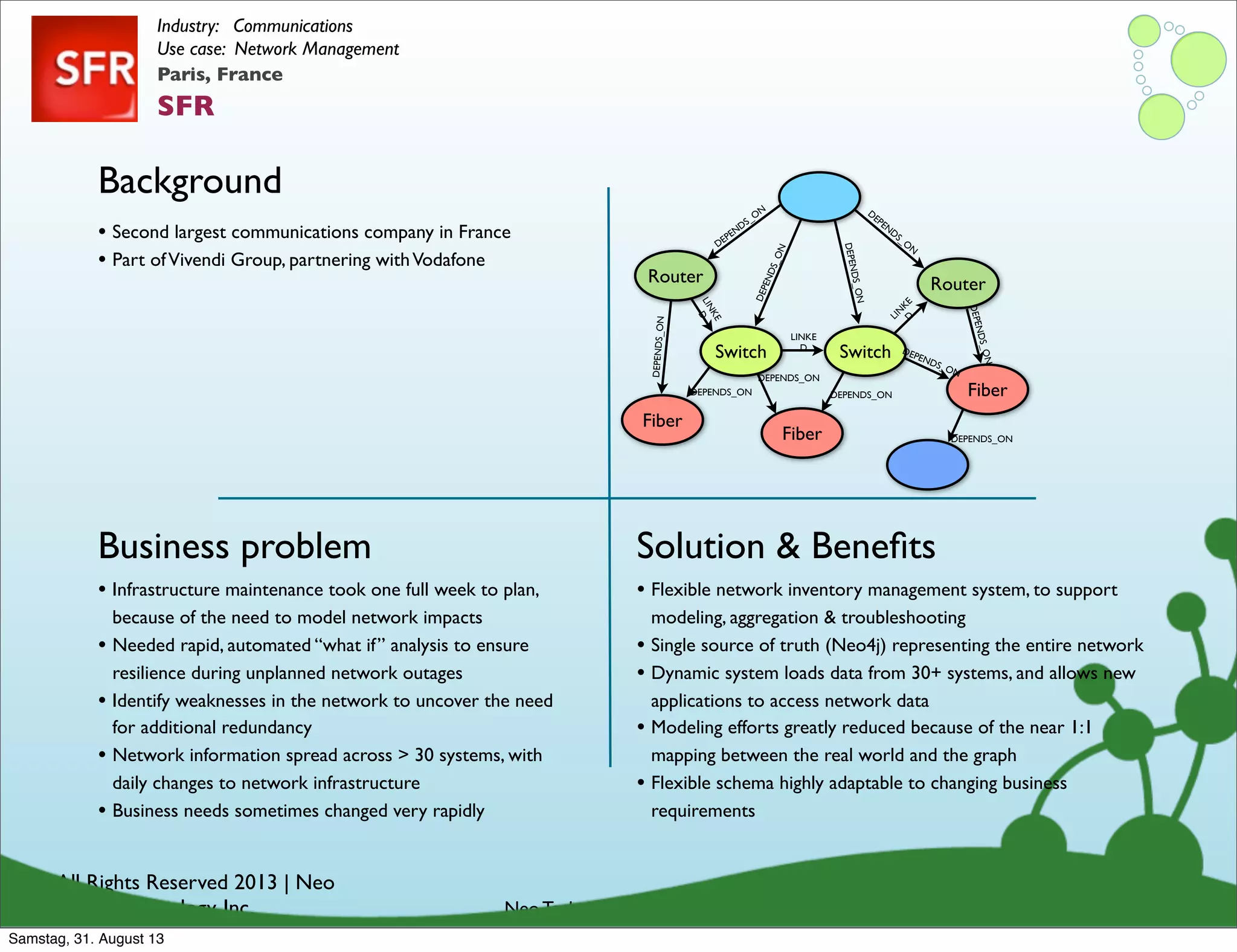 © All Rights Reserved 2013 | Neo
Technology, Inc.
Background
Business problem
Neo Technology Conﬁdential
Solution & Beneﬁts
Paris, France
SFR
Industry: Communications
Use case: Network Management
• Infrastructure maintenance took one full week to plan,
because of the need to model network impacts
• Needed rapid, automated “what if” analysis to ensure
resilience during unplanned network outages
• Identify weaknesses in the network to uncover the need
for additional redundancy
• Network information spread across > 30 systems, with
daily changes to network infrastructure
• Business needs sometimes changed very rapidly
• Second largest communications company in France
• Part ofVivendi Group, partnering withVodafone
• Flexible network inventory management system, to support
modeling, aggregation & troubleshooting
• Single source of truth (Neo4j) representing the entire network
• Dynamic system loads data from 30+ systems, and allows new
applications to access network data
• Modeling efforts greatly reduced because of the near 1:1
mapping between the real world and the graph
• Flexible schema highly adaptable to changing business
requirements
Router
DEPENDS_O
N
Switch Switch
Router
Fiber
Fiber
Fiber
DEPENDS_ON
DEPENDS_ON
DEPEN
DS_O
N
DEPENDS_ON
DEPENDS_ON
DEPENDS_ON
DEPENDS_ON
DEPENDS_ON
DEPENDS_ON
LINKE
D
LINKE
D
LIN
KE
D
DEPENDS_ON
Samstag, 31. August 13
 