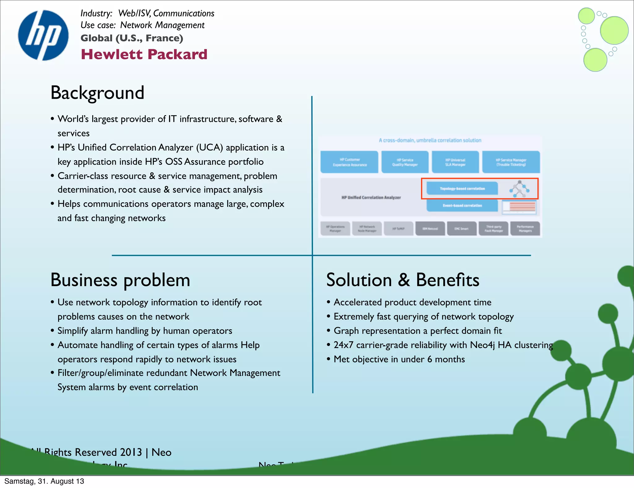 © All Rights Reserved 2013 | Neo
Technology, Inc.
Background
Business problem
Neo Technology Conﬁdential
Solution & Beneﬁts
Global (U.S., France)
Hewlett Packard
Industry: Web/ISV, Communications
Use case: Network Management
• Use network topology information to identify root
problems causes on the network
• Simplify alarm handling by human operators
• Automate handling of certain types of alarms Help
operators respond rapidly to network issues
• Filter/group/eliminate redundant Network Management
System alarms by event correlation
• World’s largest provider of IT infrastructure, software &
services
• HP’s Uniﬁed Correlation Analyzer (UCA) application is a
key application inside HP’s OSS Assurance portfolio
• Carrier-class resource & service management, problem
determination, root cause & service impact analysis
• Helps communications operators manage large, complex
and fast changing networks
• Accelerated product development time
• Extremely fast querying of network topology
• Graph representation a perfect domain ﬁt
• 24x7 carrier-grade reliability with Neo4j HA clustering
• Met objective in under 6 months
Samstag, 31. August 13
 