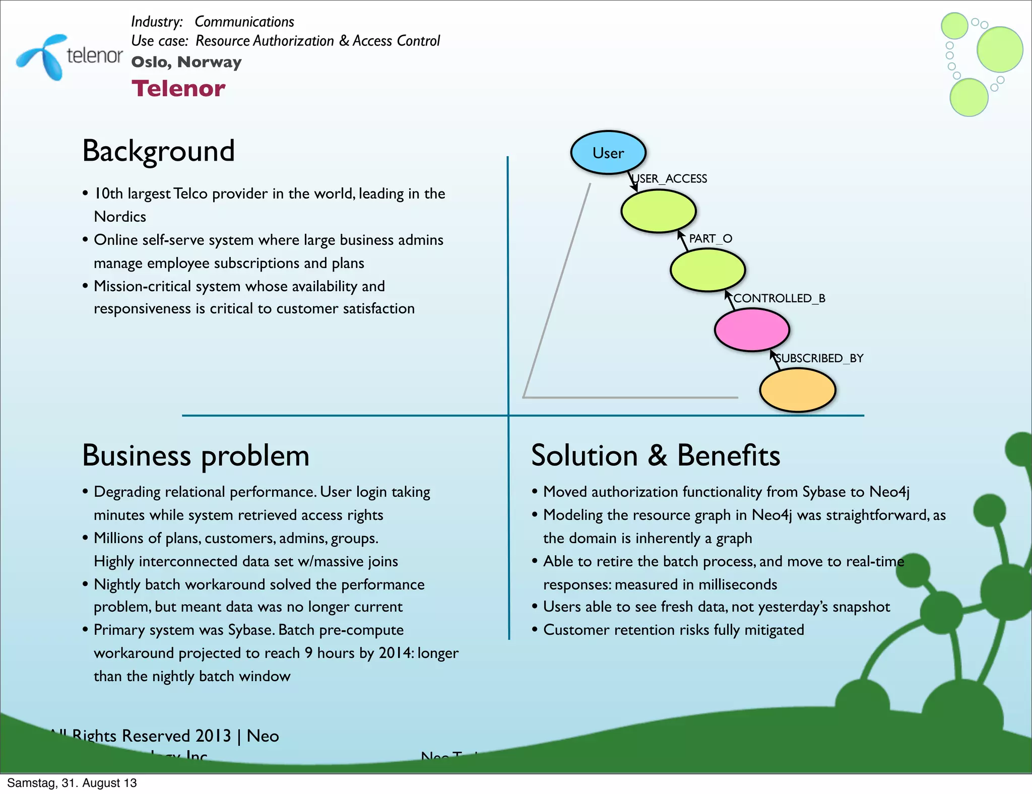 © All Rights Reserved 2013 | Neo
Technology, Inc.
Background
Business problem
Neo Technology Conﬁdential
Solution & Beneﬁts
Oslo, Norway
Telenor
Industry: Communications
Use case: Resource Authorization & Access Control
• Degrading relational performance. User login taking
minutes while system retrieved access rights
• Millions of plans, customers, admins, groups.
Highly interconnected data set w/massive joins
• Nightly batch workaround solved the performance
problem, but meant data was no longer current
• Primary system was Sybase. Batch pre-compute
workaround projected to reach 9 hours by 2014: longer
than the nightly batch window
• 10th largest Telco provider in the world, leading in the
Nordics
• Online self-serve system where large business admins
manage employee subscriptions and plans
• Mission-critical system whose availability and
responsiveness is critical to customer satisfaction
• Moved authorization functionality from Sybase to Neo4j
• Modeling the resource graph in Neo4j was straightforward, as
the domain is inherently a graph
• Able to retire the batch process, and move to real-time
responses: measured in milliseconds
• Users able to see fresh data, not yesterday’s snapshot
• Customer retention risks fully mitigated
SUBSCRIBED_BY
CONTROLLED_B
PART_O
User
USER_ACCESS
Samstag, 31. August 13
 