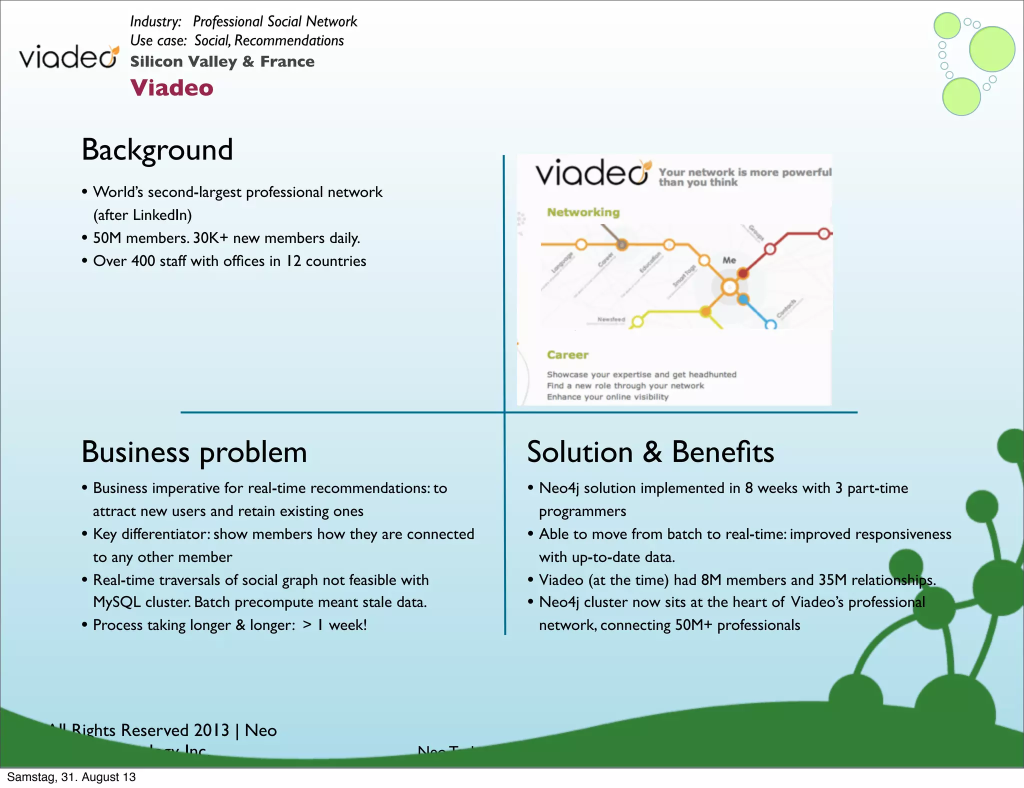 © All Rights Reserved 2013 | Neo
Technology, Inc.
Background
Business problem
Neo Technology Conﬁdential
Solution & Beneﬁts
Silicon Valley & France
Viadeo
Industry: Professional Social Network
Use case: Social, Recommendations
• Business imperative for real-time recommendations: to
attract new users and retain existing ones
• Key differentiator: show members how they are connected
to any other member
• Real-time traversals of social graph not feasible with
MySQL cluster. Batch precompute meant stale data.
• Process taking longer & longer: > 1 week!
• World’s second-largest professional network
(after LinkedIn)
• 50M members. 30K+ new members daily.
• Over 400 staff with ofﬁces in 12 countries
• Neo4j solution implemented in 8 weeks with 3 part-time
programmers
• Able to move from batch to real-time: improved responsiveness
with up-to-date data.
• Viadeo (at the time) had 8M members and 35M relationships.
• Neo4j cluster now sits at the heart of Viadeo’s professional
network, connecting 50M+ professionals
Samstag, 31. August 13
 