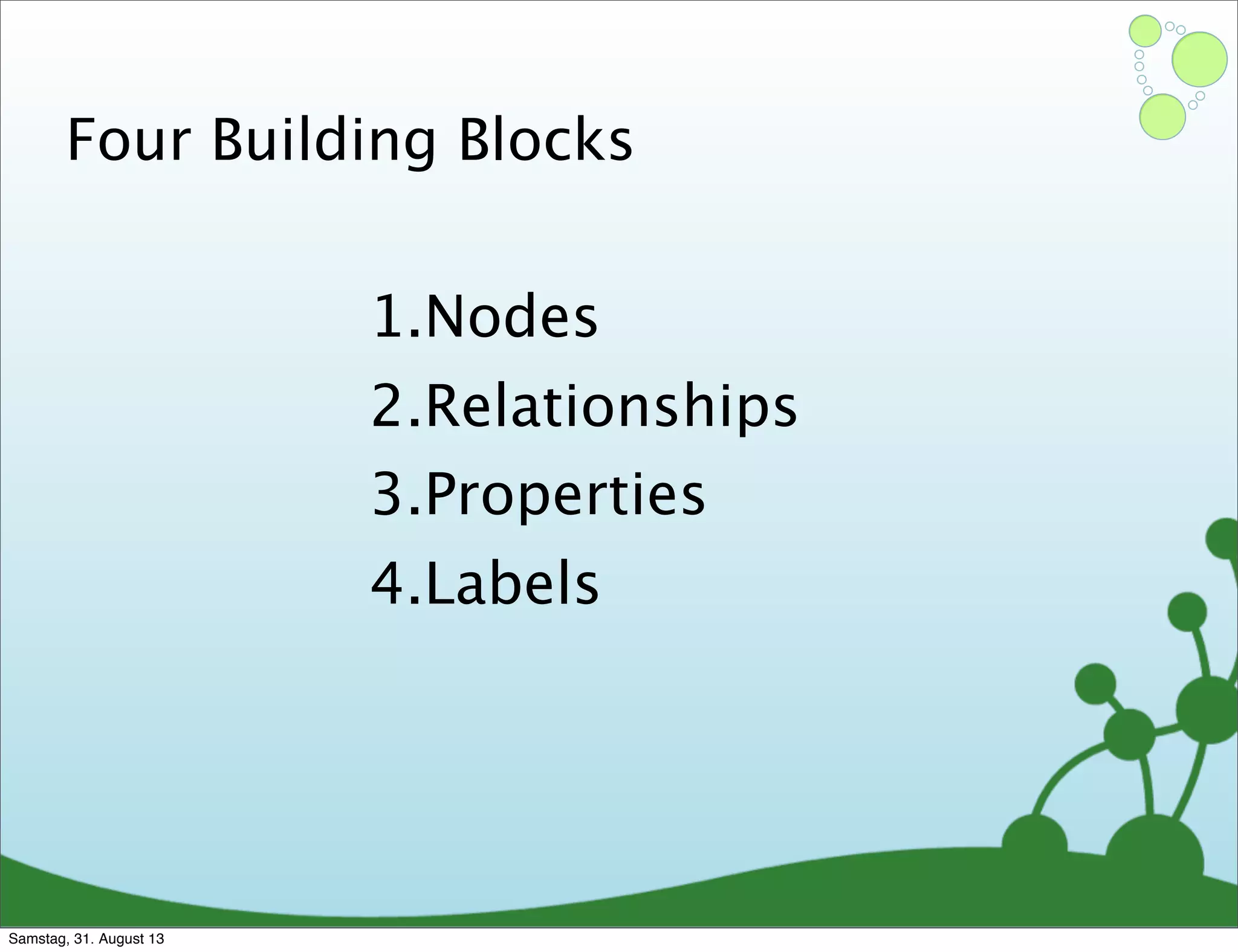 Four Building Blocks
1.Nodes
2.Relationships
3.Properties
4.Labels
Samstag, 31. August 13
 