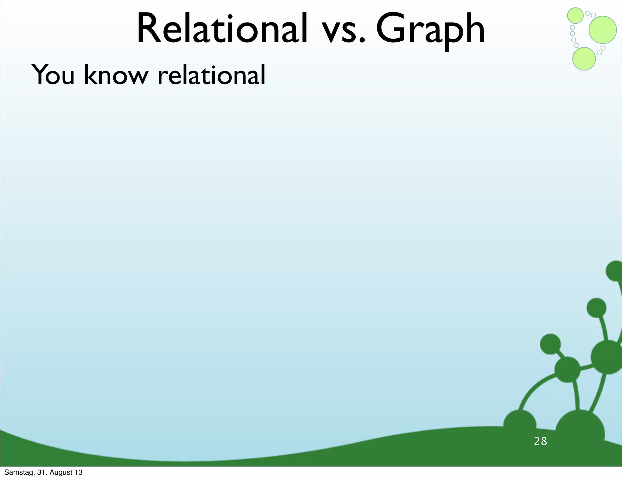 You know relational
28
Relational vs. Graph
Samstag, 31. August 13
 