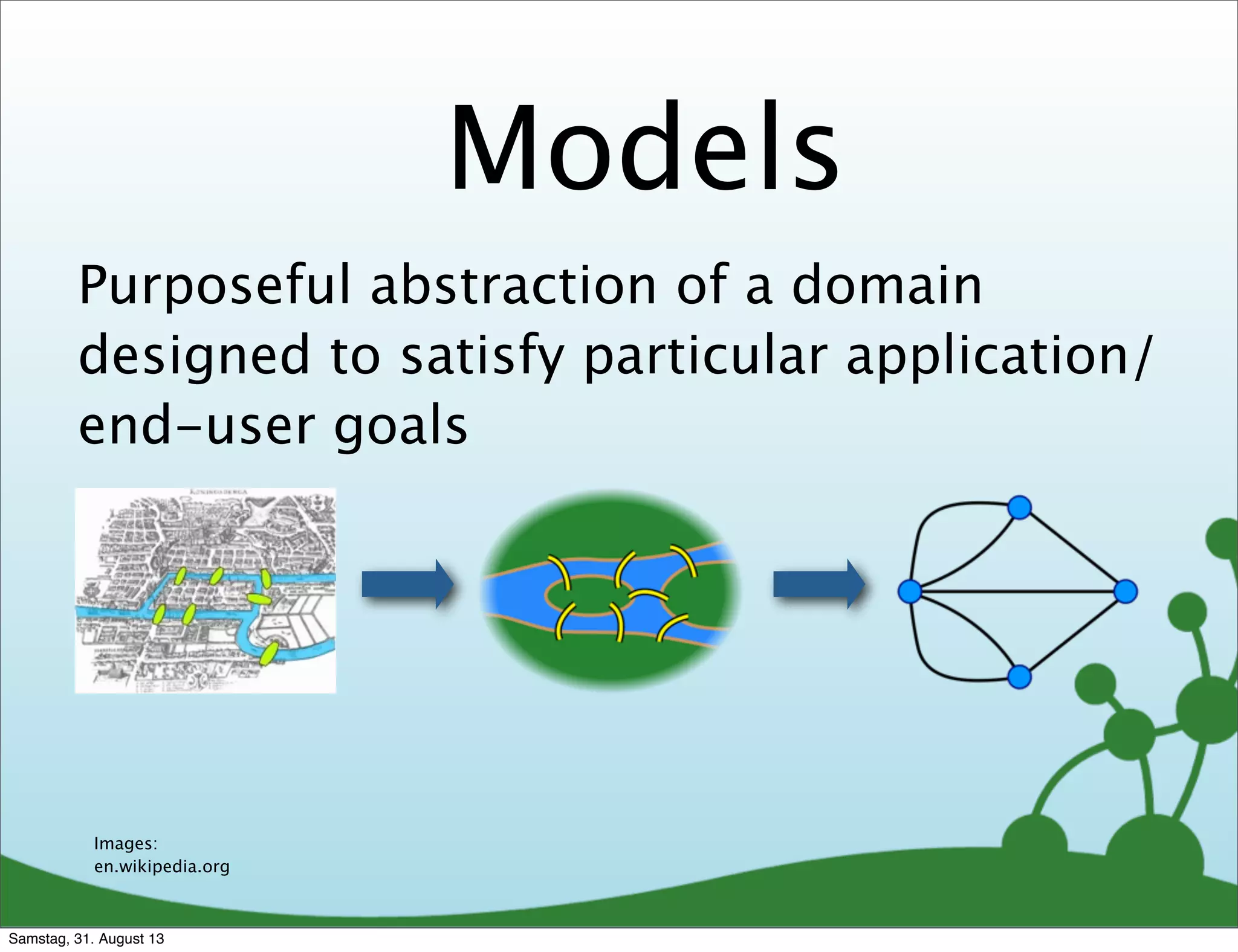 Models
Images:
en.wikipedia.org
Purposeful abstraction of a domain
designed to satisfy particular application/
end-user goals
Samstag, 31. August 13
 