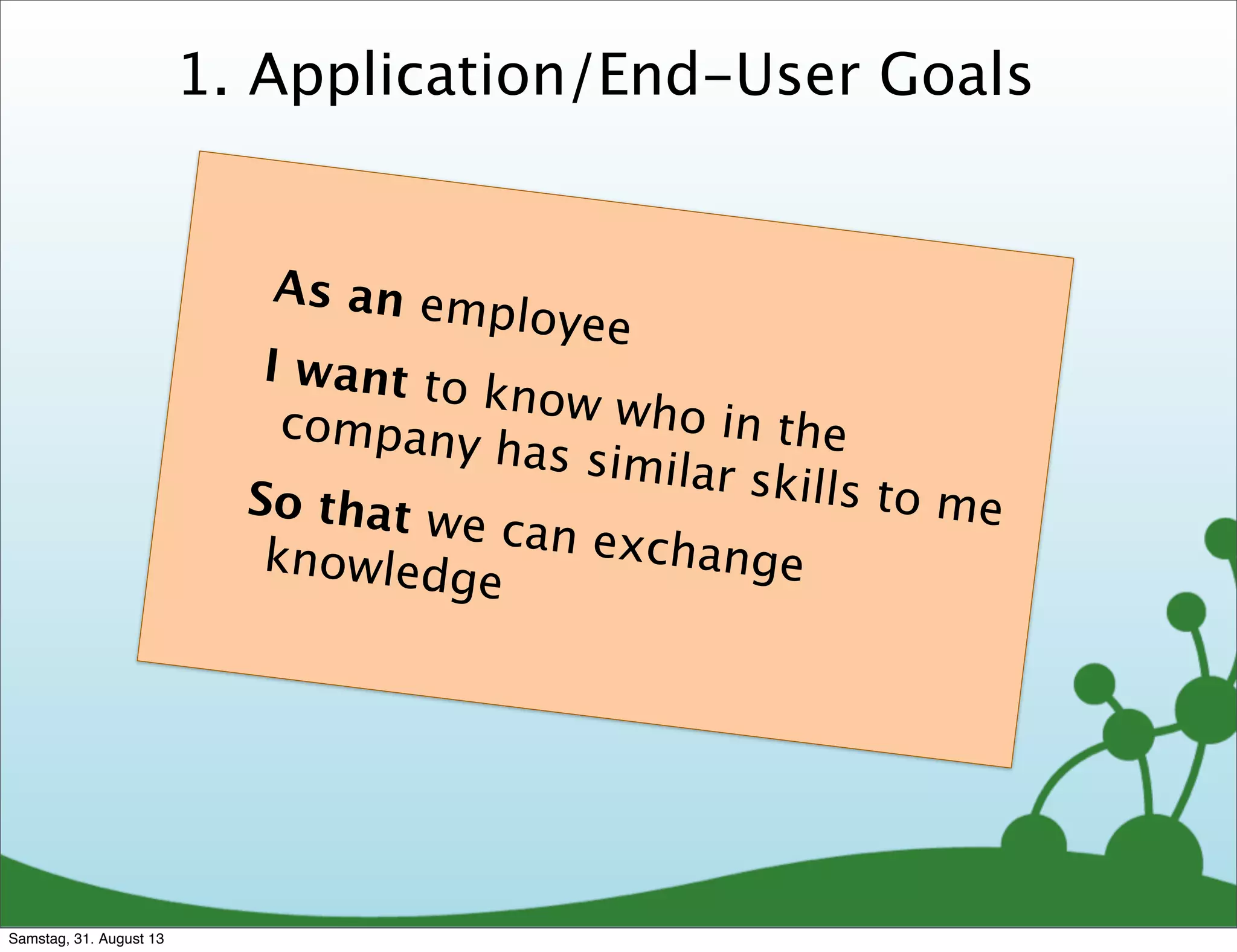 1. Application/End-User Goals
As an employee
I want to know who in thecompany has similar skills to meSo that we can exchangeknowledge
Samstag, 31. August 13
 