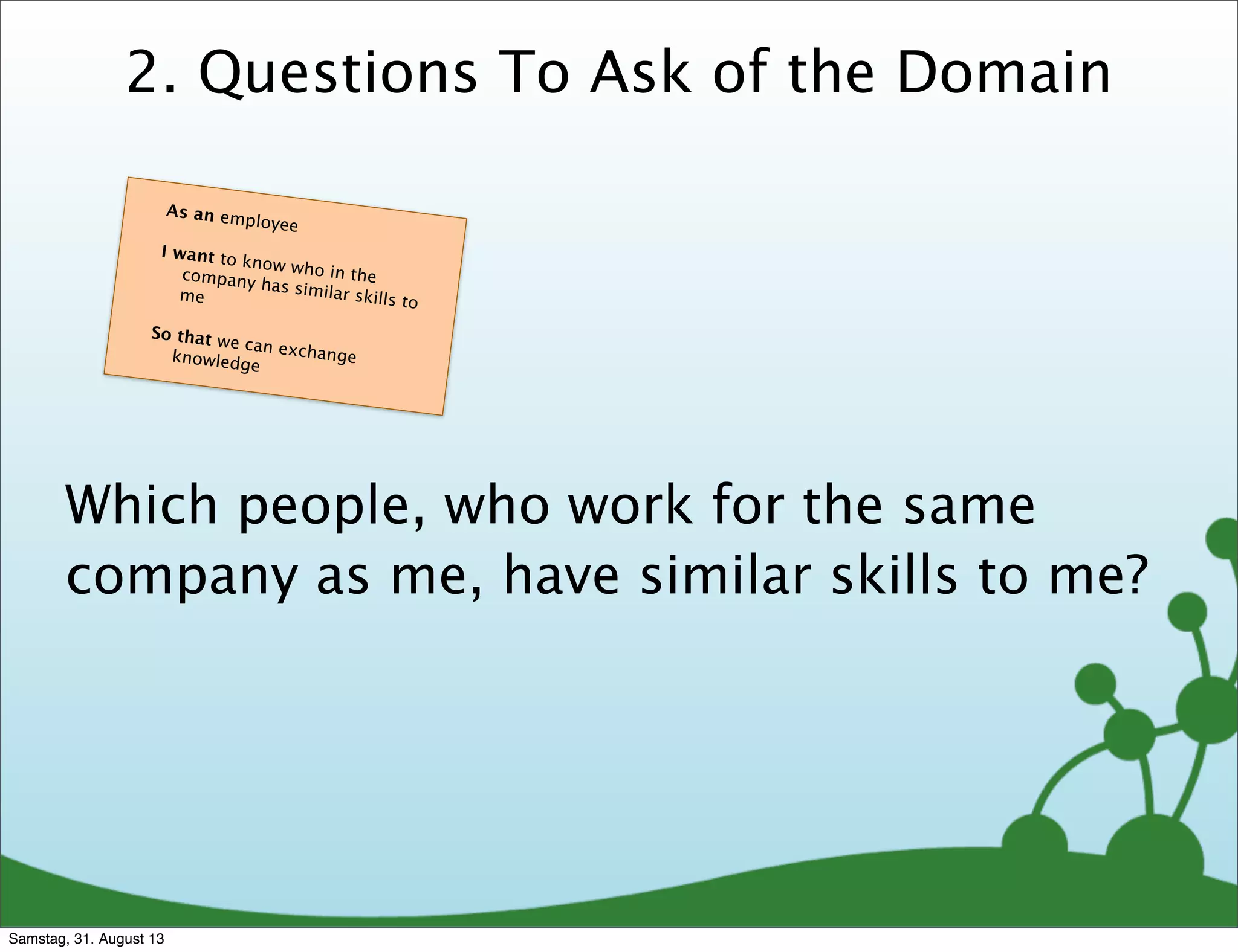 2. Questions To Ask of the Domain
Which people, who work for the same
company as me, have similar skills to me?
As an employee
I want to know who in thecompany has similar skills tome
So that we can exchangeknowledge
Samstag, 31. August 13
 