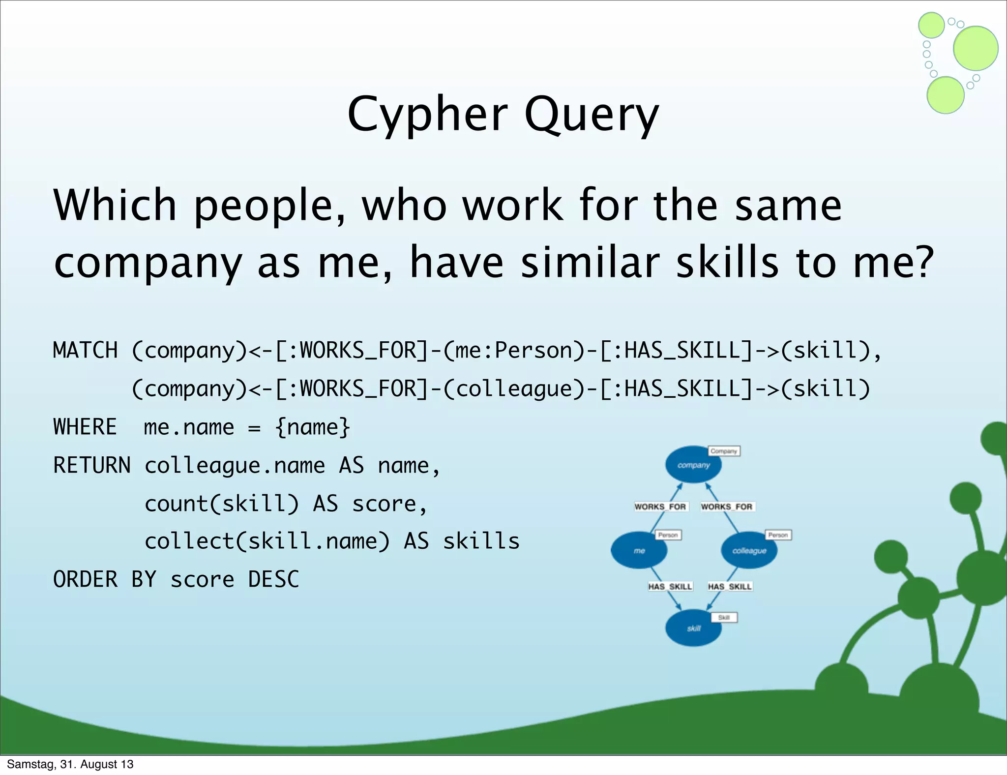 Cypher Query
Which people, who work for the same
company as me, have similar skills to me?
MATCH (company)<-[:WORKS_FOR]-(me:Person)-[:HAS_SKILL]->(skill),
(company)<-[:WORKS_FOR]-(colleague)-[:HAS_SKILL]->(skill)
WHERE me.name = {name}
RETURN colleague.name AS name,
count(skill) AS score,
collect(skill.name) AS skills
ORDER BY score DESC
Samstag, 31. August 13
 