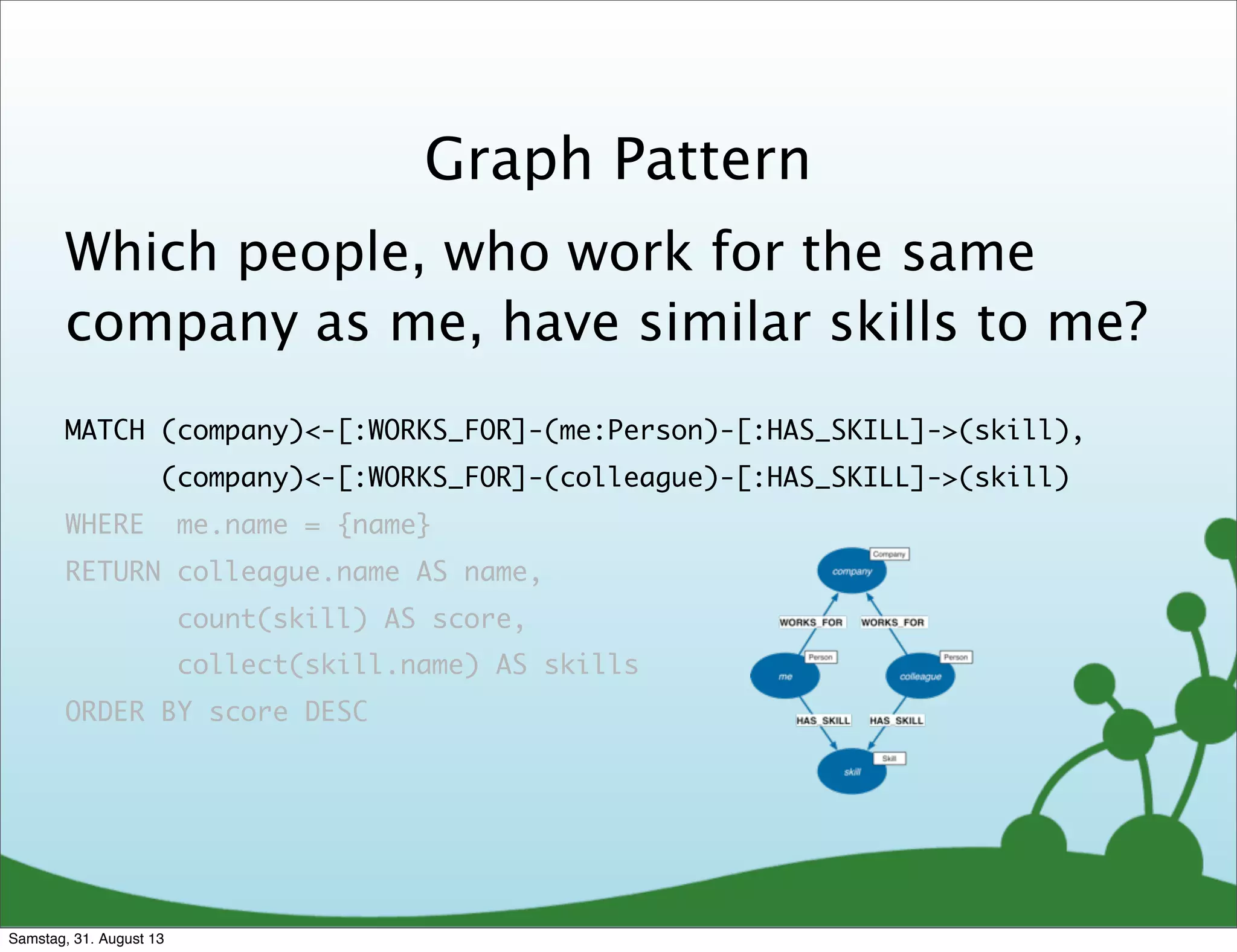 Which people, who work for the same
company as me, have similar skills to me?
MATCH (company)<-[:WORKS_FOR]-(me:Person)-[:HAS_SKILL]->(skill),
(company)<-[:WORKS_FOR]-(colleague)-[:HAS_SKILL]->(skill)
WHERE me.name = {name}
RETURN colleague.name AS name,
count(skill) AS score,
collect(skill.name) AS skills
ORDER BY score DESC
Graph Pattern
Samstag, 31. August 13
 
