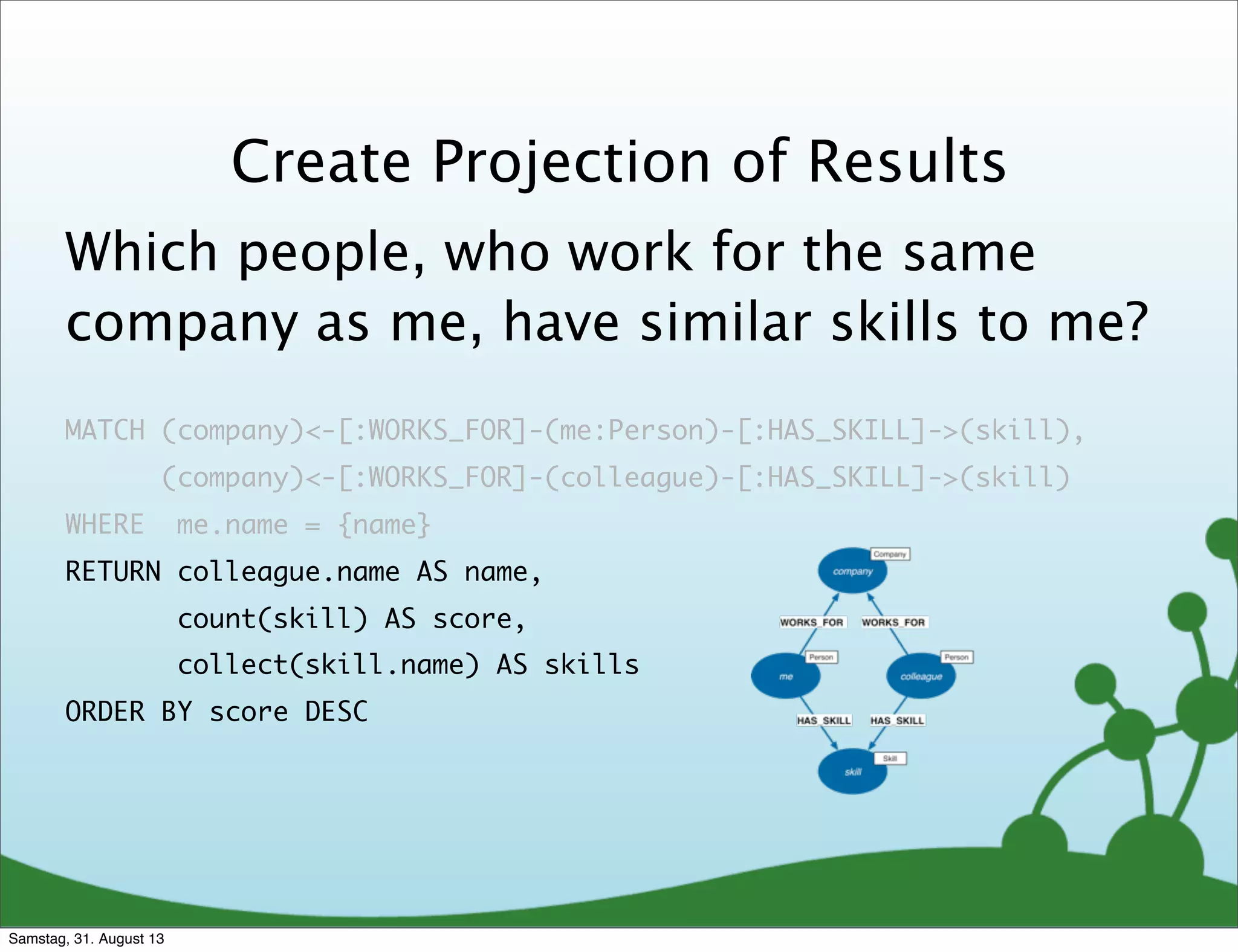 Which people, who work for the same
company as me, have similar skills to me?
MATCH (company)<-[:WORKS_FOR]-(me:Person)-[:HAS_SKILL]->(skill),
(company)<-[:WORKS_FOR]-(colleague)-[:HAS_SKILL]->(skill)
WHERE me.name = {name}
RETURN colleague.name AS name,
count(skill) AS score,
collect(skill.name) AS skills
ORDER BY score DESC
Create Projection of Results
Samstag, 31. August 13
 