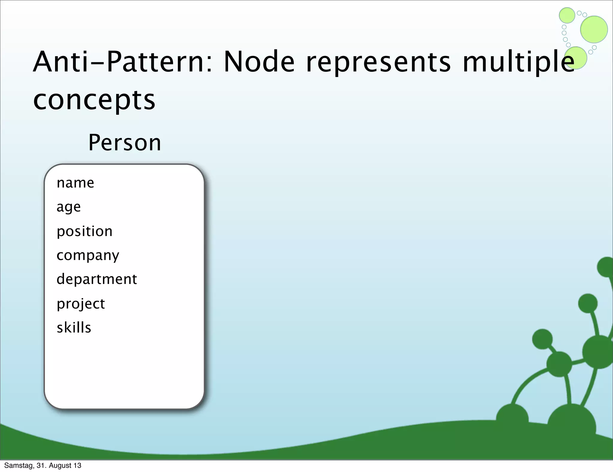 Anti-Pattern: Node represents multiple
concepts
name
age
position
company
department
project
skills
Person
Samstag, 31. August 13
 