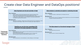 Create clear Data Engineer and DataOps positions!
Data Engineers are the tech plumber of data
Key missions
- Create, conﬁgure transformation/preparation jobs to ingest and shape the data
- Deliver them through appropriate datamarts (DB, indexing clusters, APIs…)
- In small / fewly constrained setups, he may handle deployment/run of these process himself
in PROD (quite “noOps” pattern), or this is offloaded to a specialized dataops person
mutualized among several data engineers
Background
- More close to a developer / integrator than a datascientist! (but with a sensibilisation on data
challenges and technologies : Sqoop, HDFS, Hive, Impala, spark, Object storage, etc.)
Data analysts & scientists are experts in valorizing the data
Key missions
- Develop BI, analytics, models based on the datasets they have.
Background
- May come from a very non-IT background (former statisticians are commons) Knowledgeable
on speciﬁc frameworks (tensorﬂow, etc.)
The Data stewart is a functional manager of data
Key missions
- Manage governance and security
Background
- Have a functional / business knowledge of data
DataOps guy are the local, specialized OPs
attached to the data engineers & scientists
Key missions
- Offload deployment of jobs, pipelines and various assets built up by the data engineer (and
datascientists) from dev to prod
- Set up CI/CD toolchains and teach data engineers to work “in a devops way”
- Instrument/Monitor data ﬂow and data quality, manage the run time
- ...
Background
- Mostly DevOps person, with sensibilization on data challenges, and technologies
Transversal,
support data
functions
 