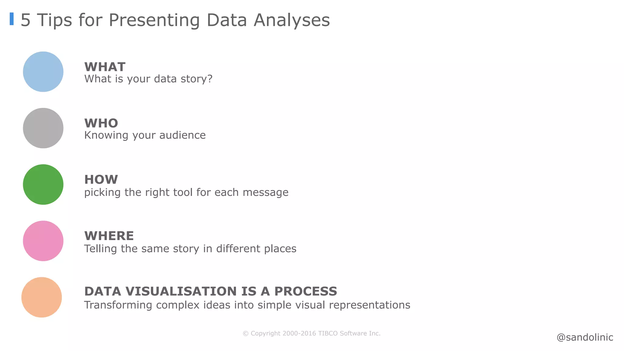 © Copyright 2000-2016 TIBCO Software Inc.
5 Tips for Presenting Data Analyses
WHAT
What is your data story?
WHO
Knowing your audience
HOW
picking the right tool for each message
Transforming complex ideas into simple visual representations
DATA VISUALISATION IS A PROCESS
WHERE
Telling the same story in different places
@sandolinic
 
