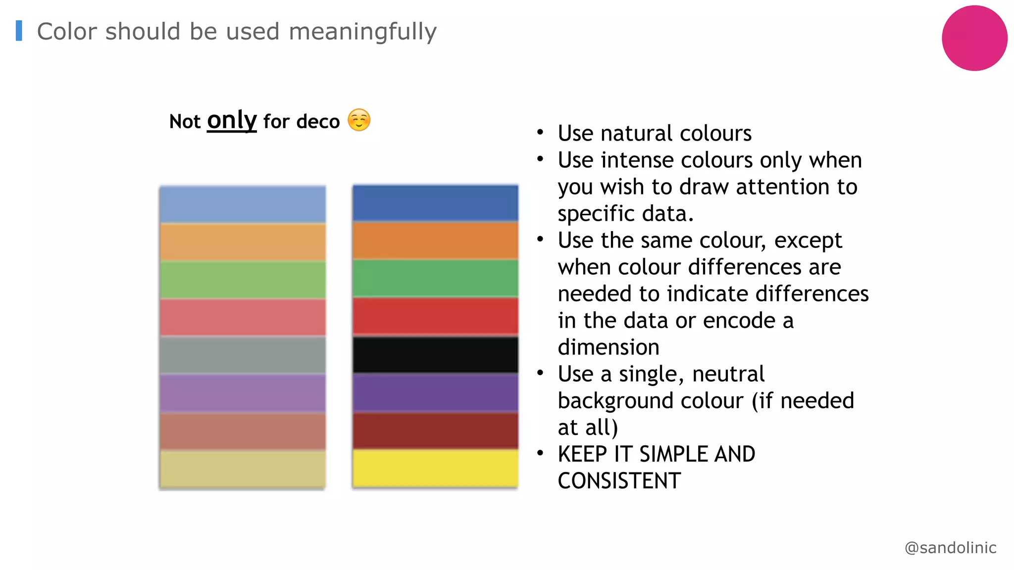 Color should be used meaningfully
• Use natural colours
• Use intense colours only when
you wish to draw attention to
specific data.
• Use the same colour, except
when colour differences are
needed to indicate differences
in the data or encode a
dimension
• Use a single, neutral
background colour (if needed
at all)
• KEEP IT SIMPLE AND
CONSISTENT
Not only for deco ☺
@sandolinic
 