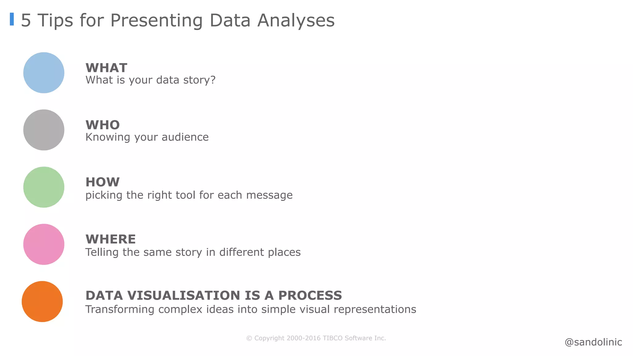 © Copyright 2000-2016 TIBCO Software Inc.
5 Tips for Presenting Data Analyses
WHAT
What is your data story?
WHO
Knowing your audience
HOW
picking the right tool for each message
Transforming complex ideas into simple visual representations
DATA VISUALISATION IS A PROCESS
WHERE
Telling the same story in different places
@sandolinic
 