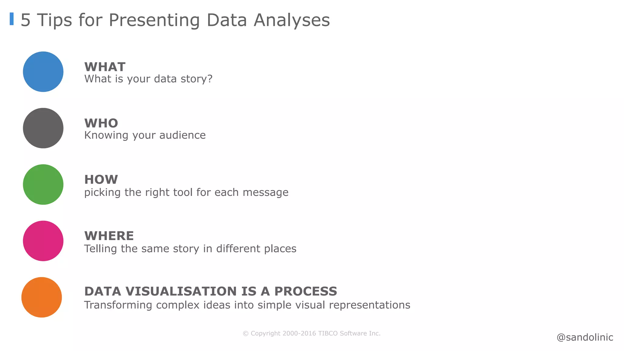 © Copyright 2000-2016 TIBCO Software Inc.
5 Tips for Presenting Data Analyses
WHAT
What is your data story?
WHO
Knowing your audience
HOW
picking the right tool for each message
Transforming complex ideas into simple visual representations
DATA VISUALISATION IS A PROCESS
WHERE
Telling the same story in different places
@sandolinic
 