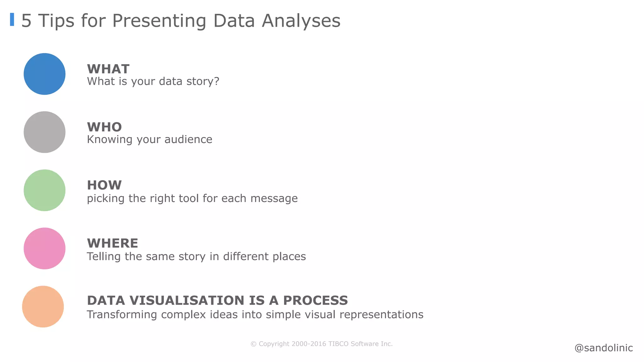 © Copyright 2000-2016 TIBCO Software Inc.
5 Tips for Presenting Data Analyses
WHAT
What is your data story?
WHO
Knowing your audience
HOW
picking the right tool for each message
Transforming complex ideas into simple visual representations
DATA VISUALISATION IS A PROCESS
WHERE
Telling the same story in different places
@sandolinic
 
