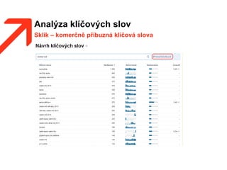 Analýza klíčových slov
Sklik – komerčně příbuzná klíčová slova
 