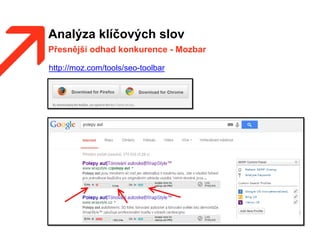Analýza klíčových slov
Přesnější odhad konkurence - Mozbar
http://moz.com/tools/seo-toolbar
 